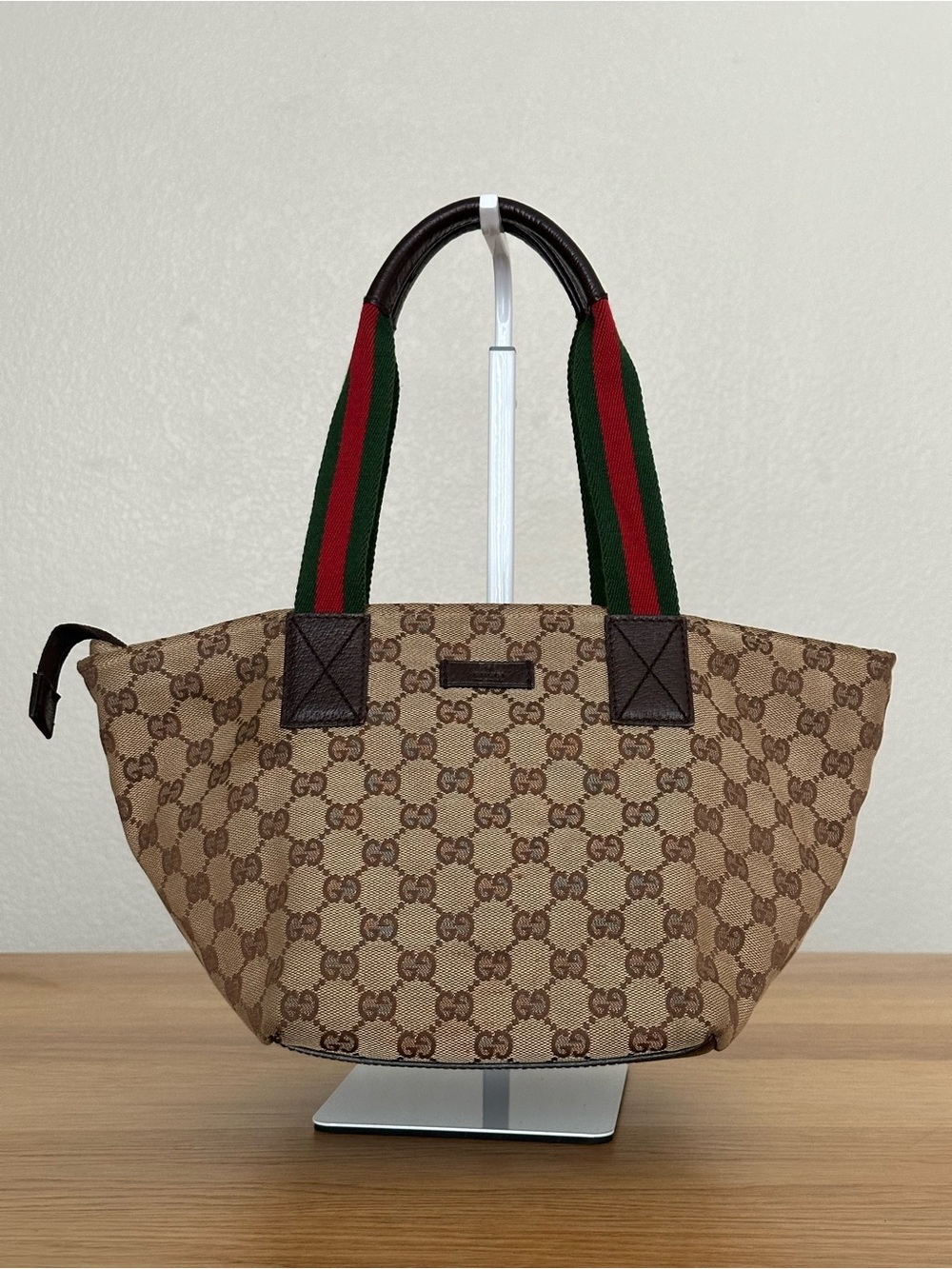 Gucci Brown Monogram Canvas Tote with Green and Red Web Straps